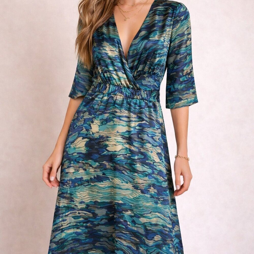 Blue print silk dress by the Wrights, size 6